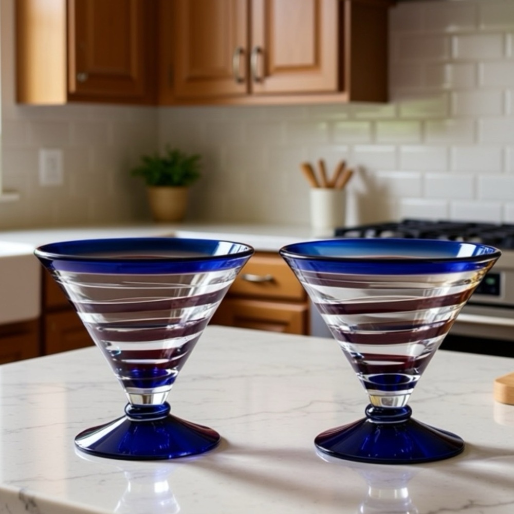 Kosta Boda Hand Blown Royal Caribbean Martini Desert Glass' Red Swirl Blue Rim